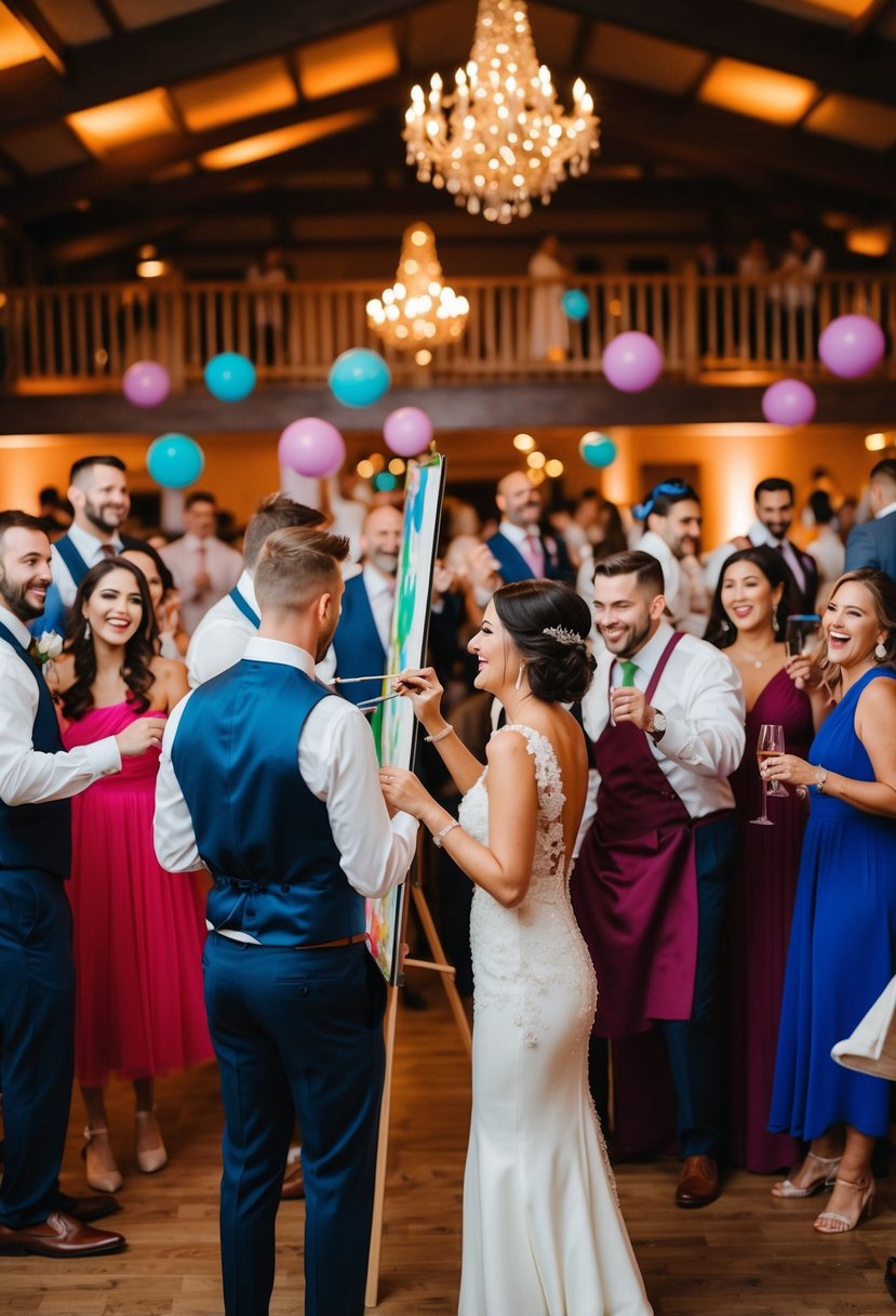 A lively wedding reception with live painters capturing the celebration, surrounded by colorful decorations and joyful guests