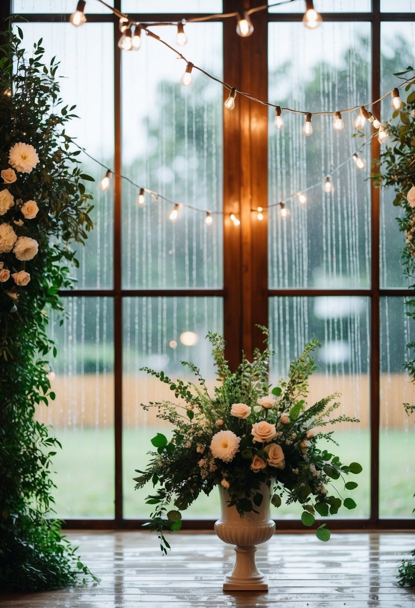 A cozy indoor ceremony with string lights, lush greenery, and elegant floral arrangements, as rain pours outside the windows