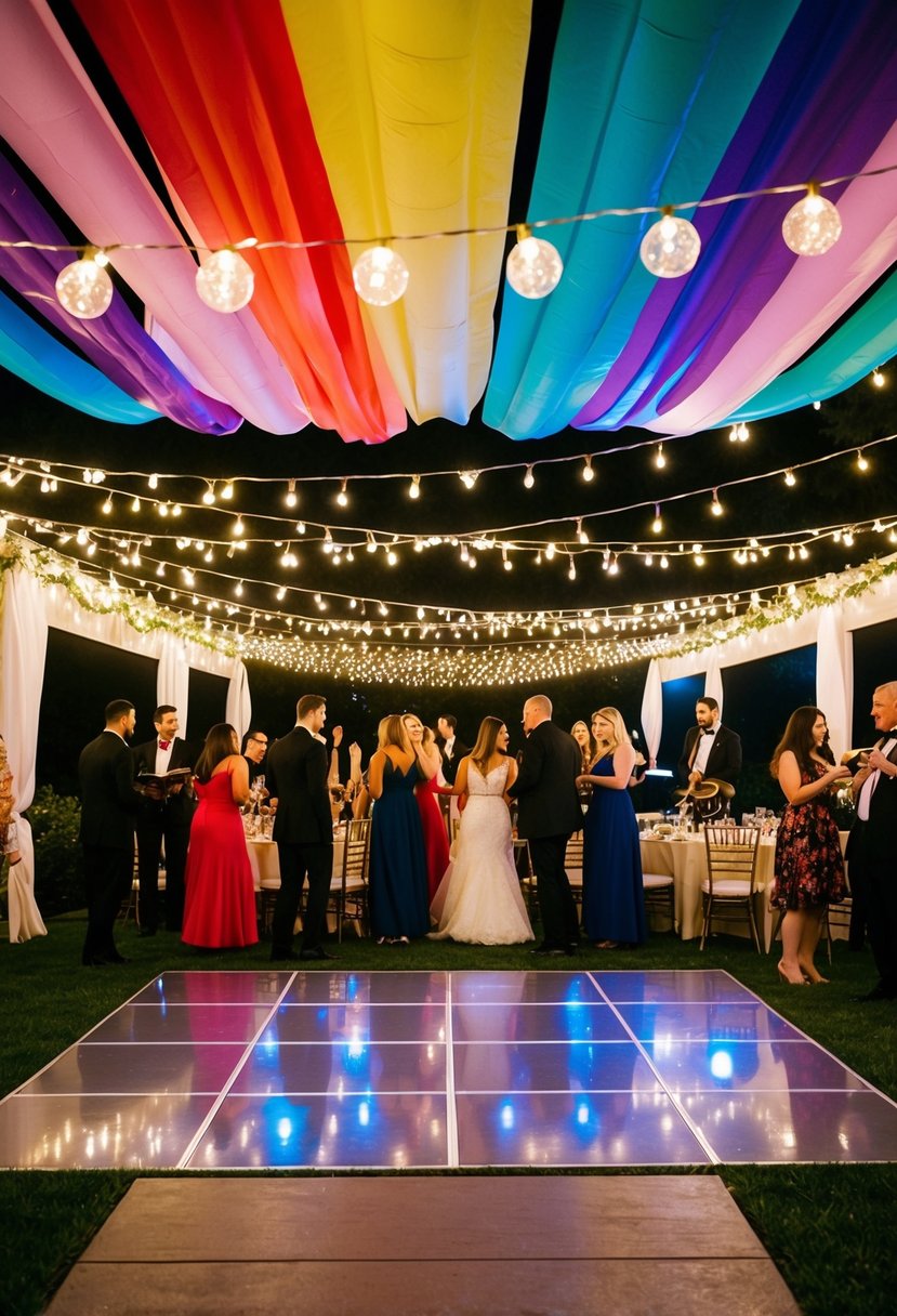 Colorful streamers and twinkling lights adorn an outdoor space, with a dance floor surrounded by tables of festive decor. A live band plays as guests mingle and enjoy the celebration