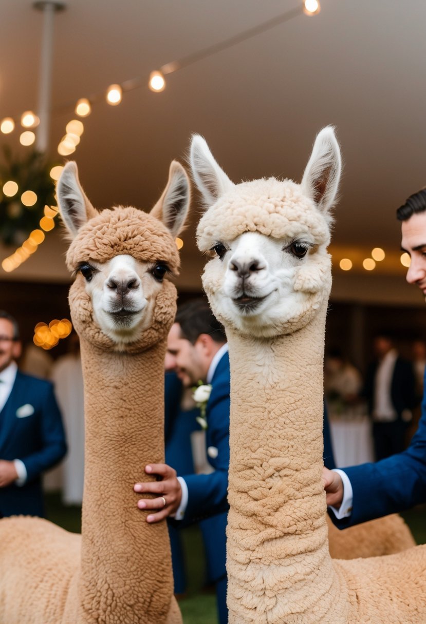 Guests pet alpacas in a charming wedding reception setting