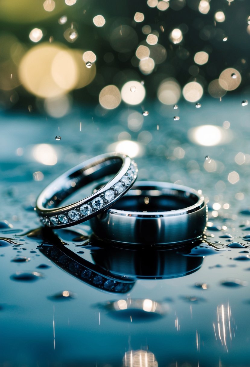 A couple's wedding rings resting on a wet, reflective surface surrounded by glistening raindrops