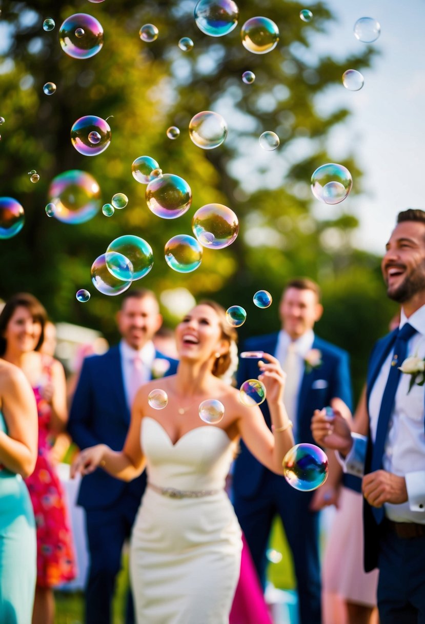 Colorful bubbles fill the air at a lively wedding reception, floating and popping in the warm summer sun