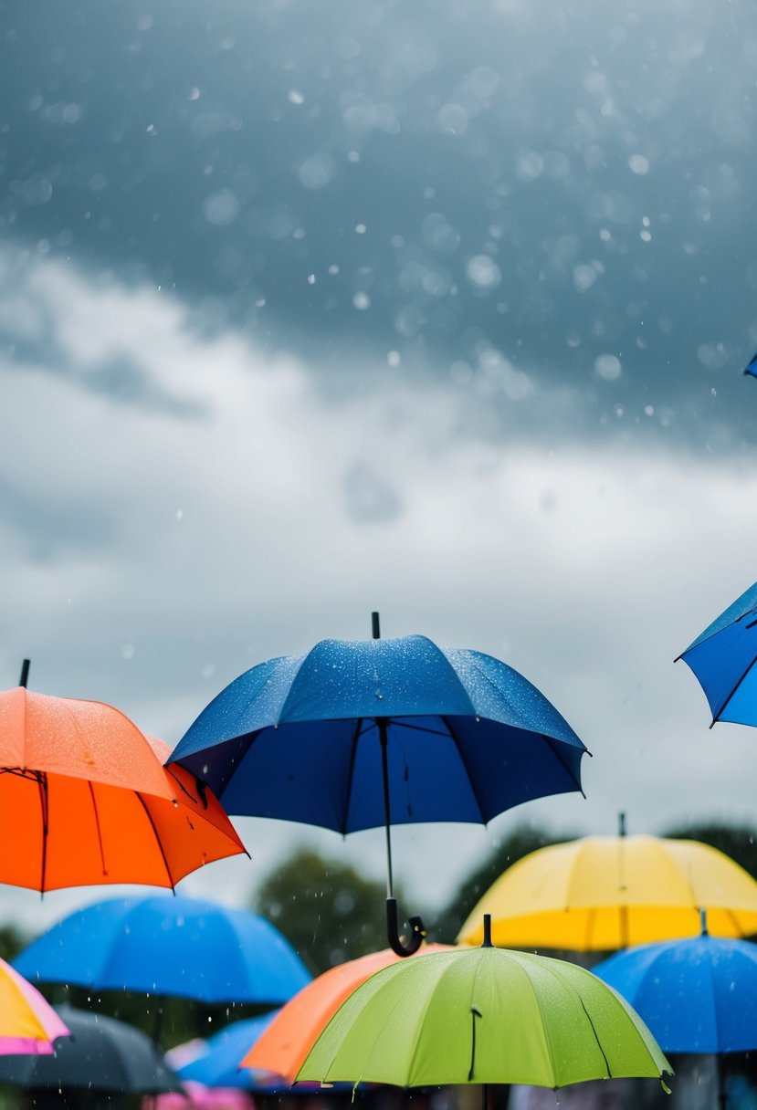 Bright umbrellas dot a rainy wedding, adding vibrant pops of color to the grey sky