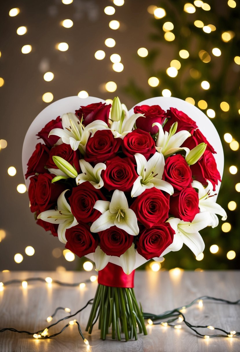 A heart-shaped bouquet of red roses and white lilies surrounded by twinkling fairy lights