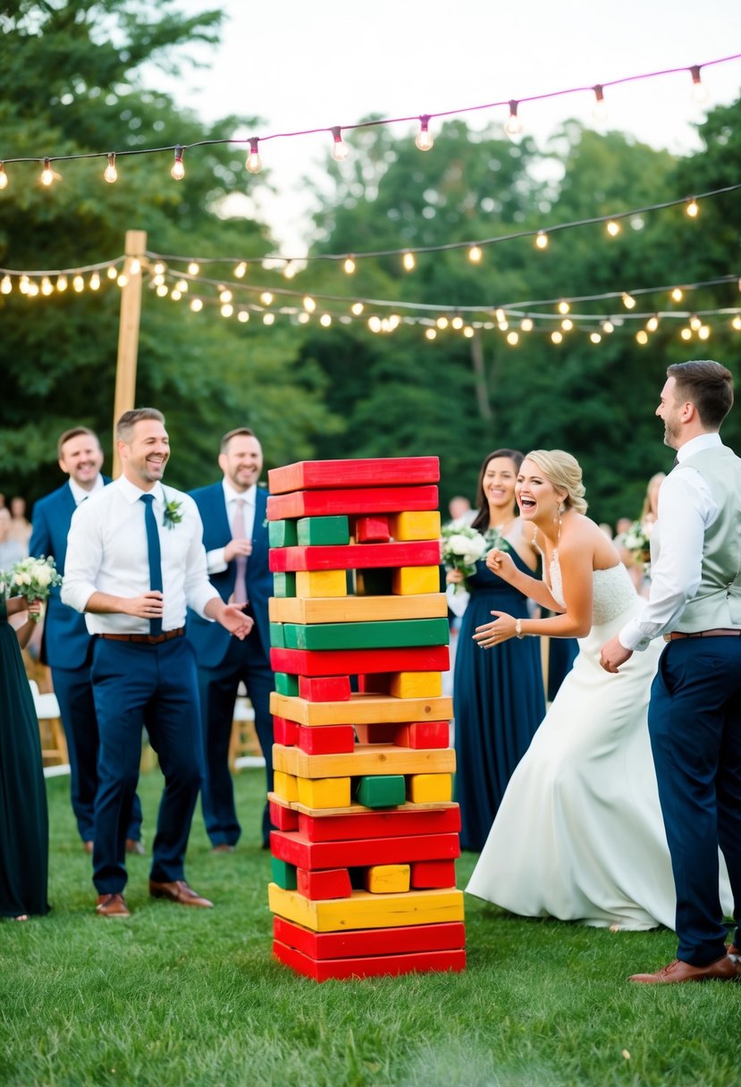 A lively wedding reception with a giant Jenga game set up on a grassy lawn, surrounded by laughing guests and twinkling string lights