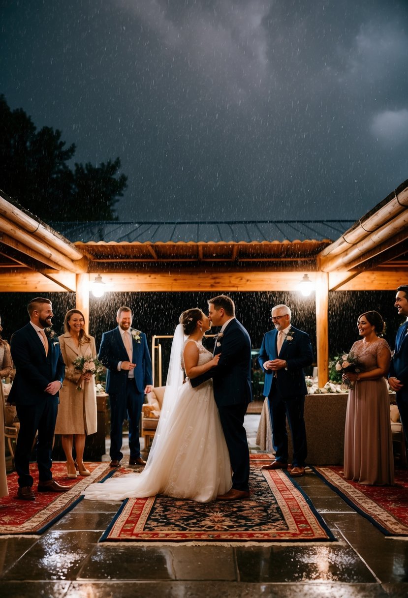 A cozy indoor wedding scene with guests standing on warm rugs, surrounded by rain outside