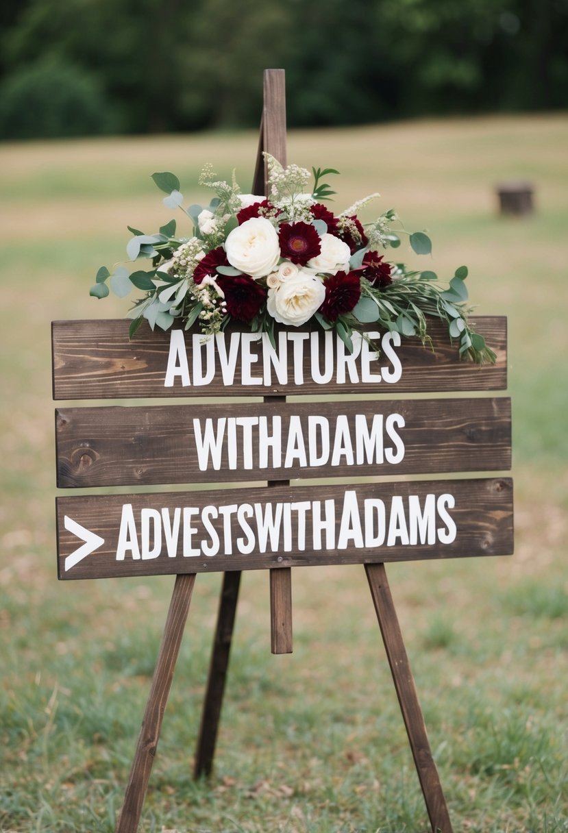 A rustic outdoor wedding setting with a wooden sign adorned with flowers and the hashtag "AdventuresWithAdams" displayed prominently