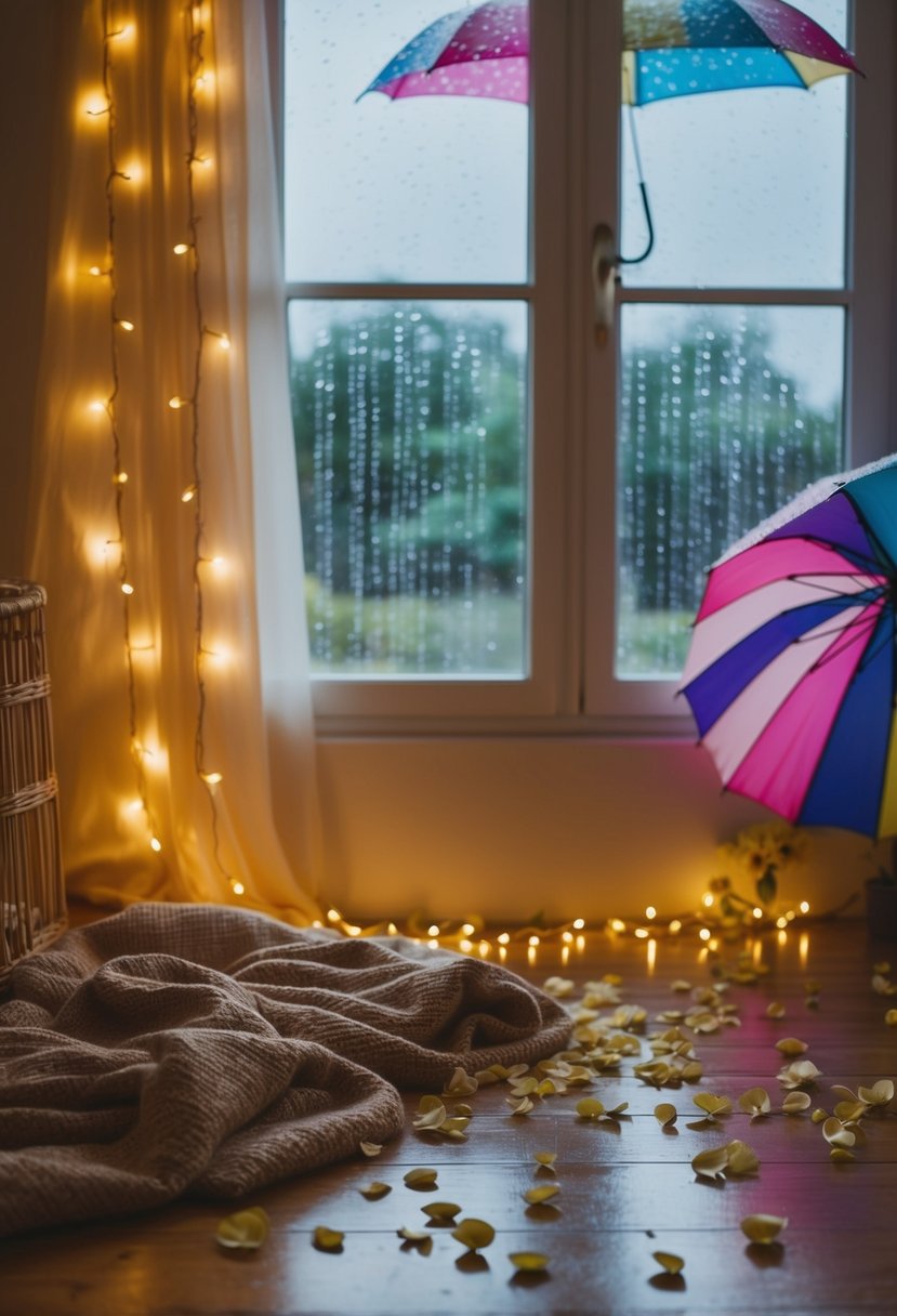 A cozy indoor setting with fairy lights, draped fabric, and scattered flower petals, with a window showing raindrops and a colorful umbrella