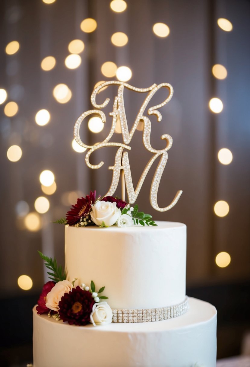 A wedding cake topper with the couple's initials and decorative flowers