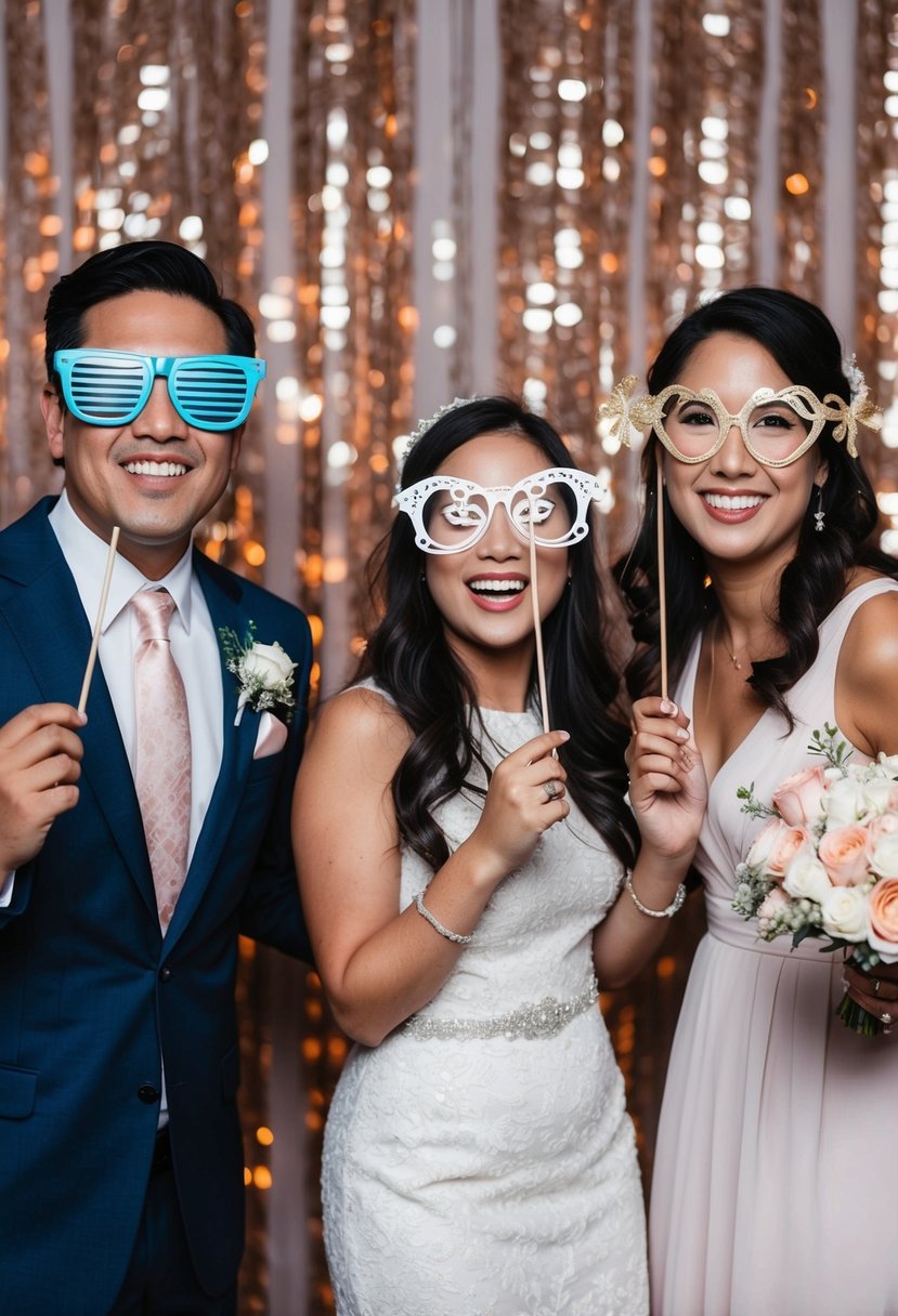 A photo booth with props and a backdrop at a lively wedding reception