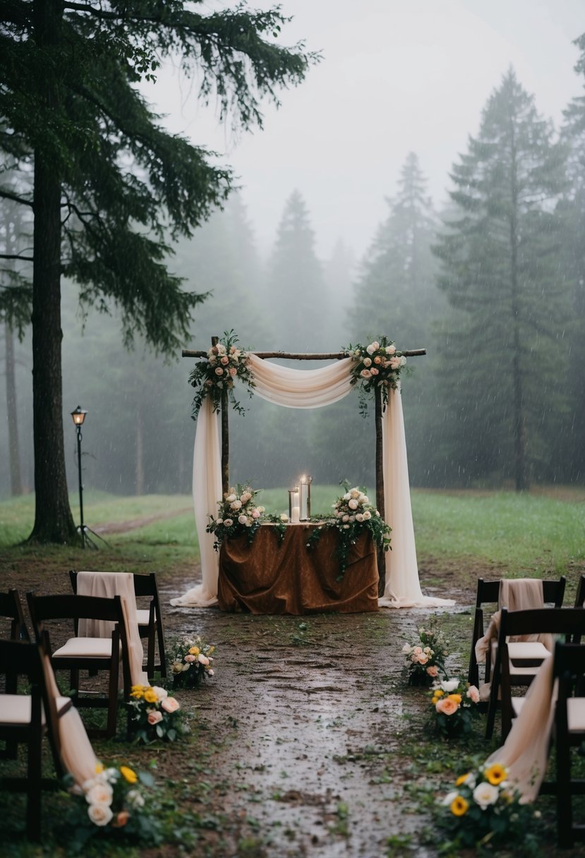 A misty forest clearing with a rustic altar, adorned with flowers and draped in flowing fabric, as rain softly falls creating a romantic ambiance