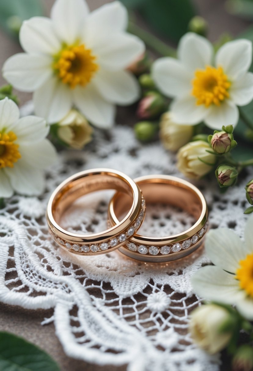 A pair of interlocked wedding rings surrounded by delicate lace and adorned with blooming flowers