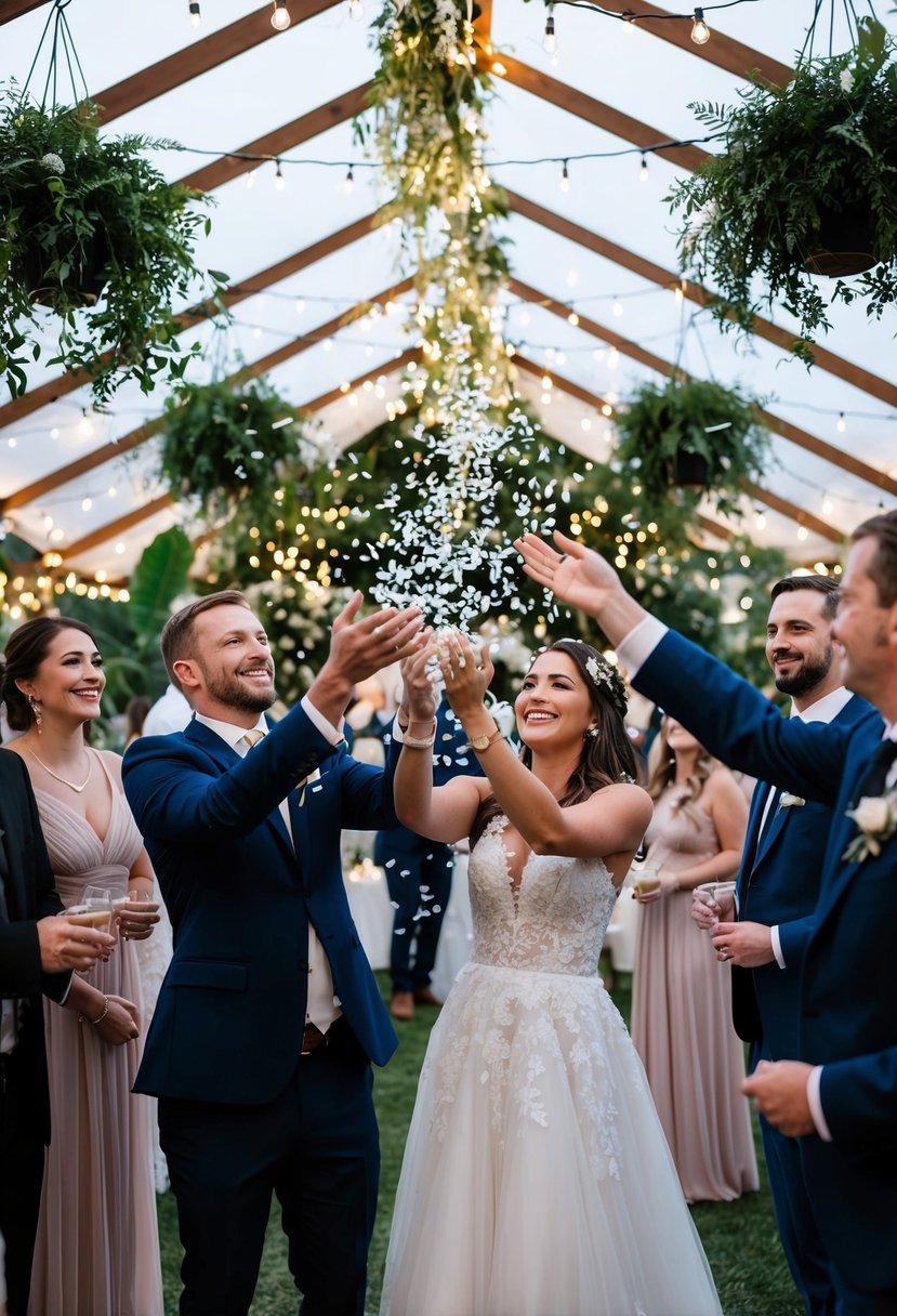 Guests tossing biodegradable confetti under a canopy of hanging plants and twinkling lights at a wedding reception