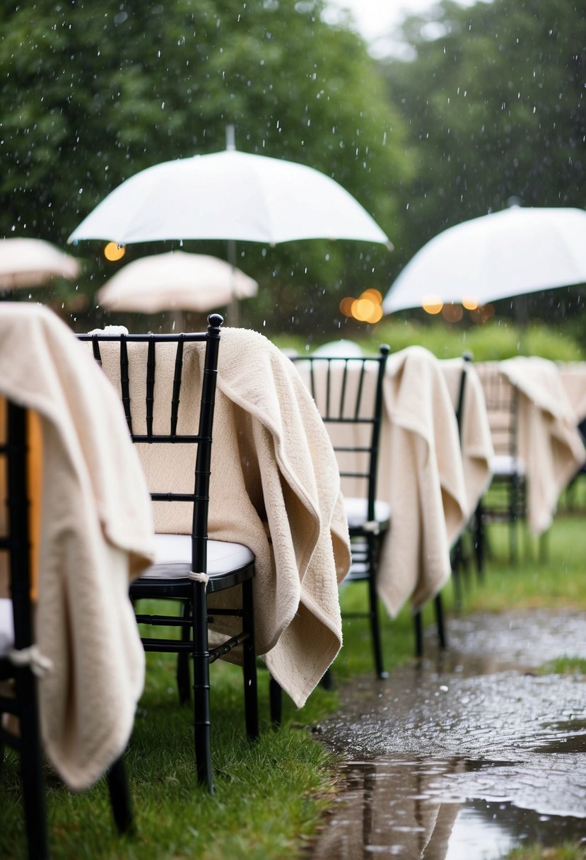 Cozy blankets draped over chairs at an outdoor wedding, raindrops falling on umbrellas and puddles, creating a cozy and romantic atmosphere