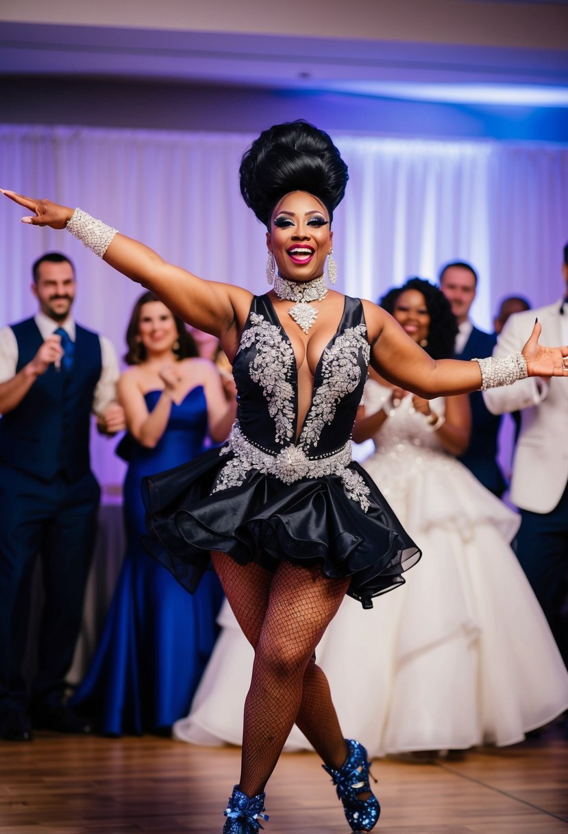 A drag performer captivates the wedding reception with a high-energy performance, dazzling the crowd with bold and glamorous outfits, and captivating dance moves