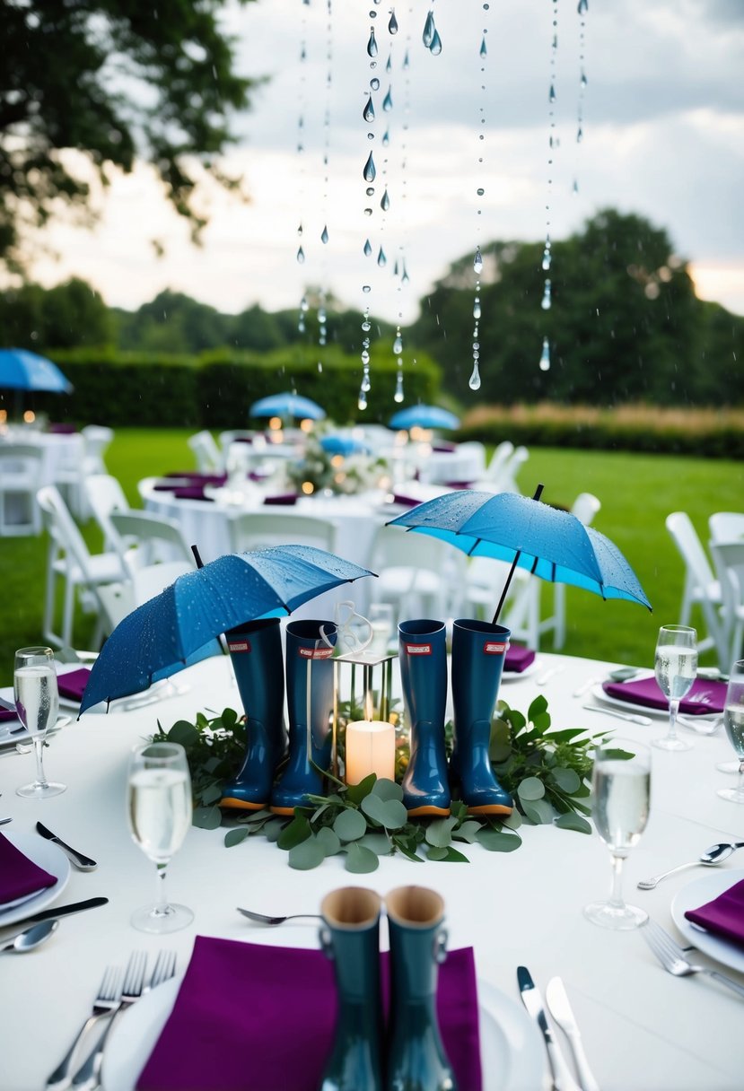 A wedding reception with rain-themed decorations: umbrellas, rain boots, and water droplet centerpieces