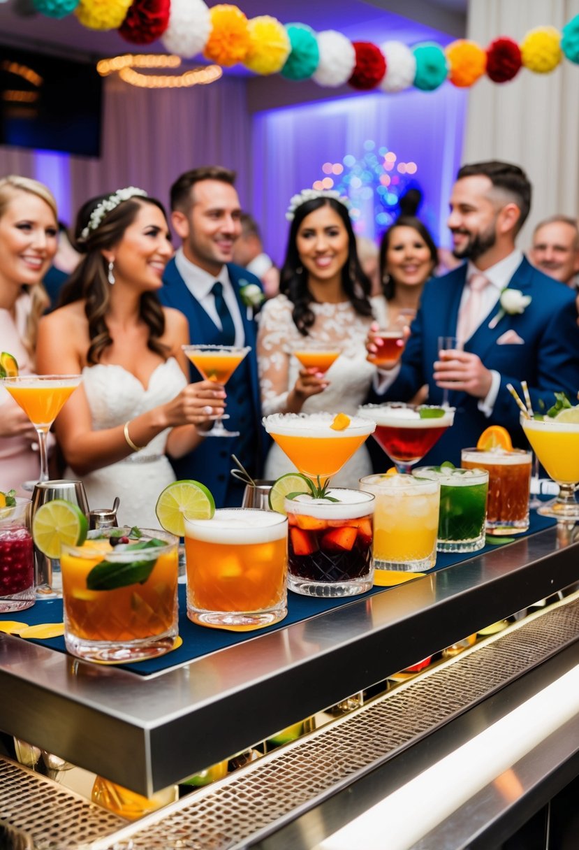 A colorful array of custom cocktails on a sleek bar, surrounded by festive decor and happy wedding guests