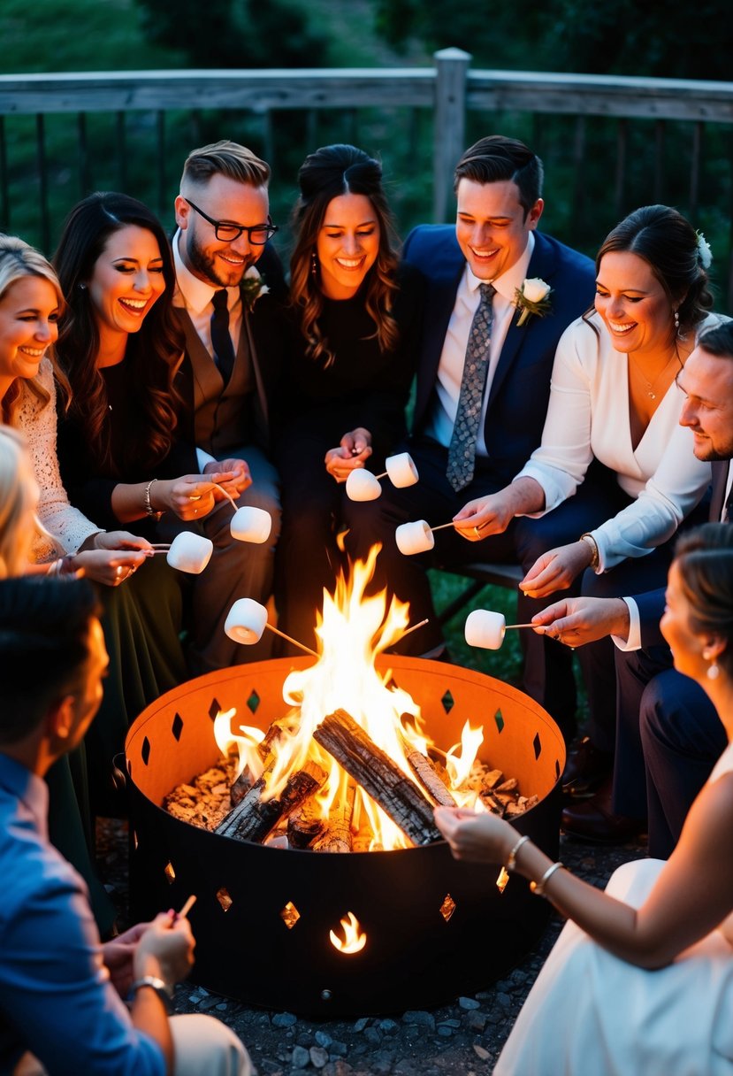 A circle of friends and family gathered around a crackling bonfire, laughing and toasting marshmallows on a cool evening at a wedding reception