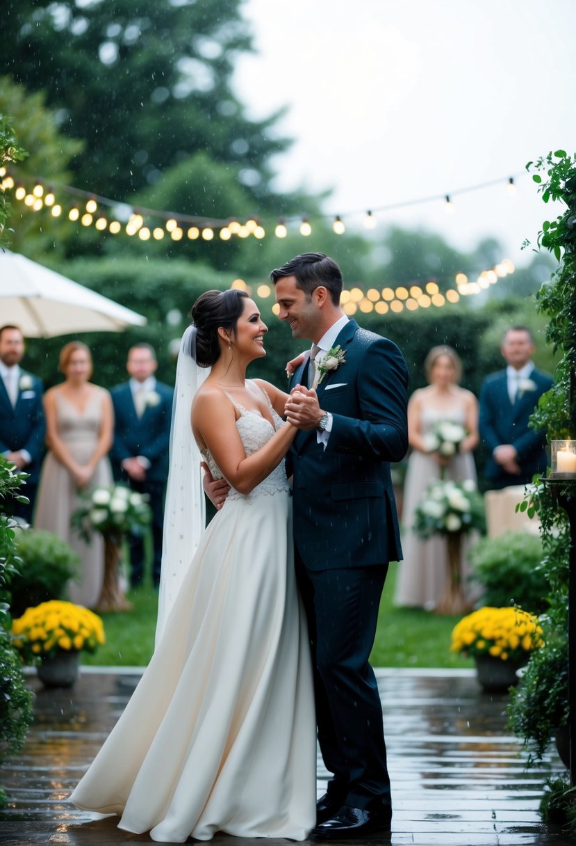 A cozy wedding ceremony in a rain-soaked garden, with soft music, twinkling lights, and a couple sharing an intimate dance