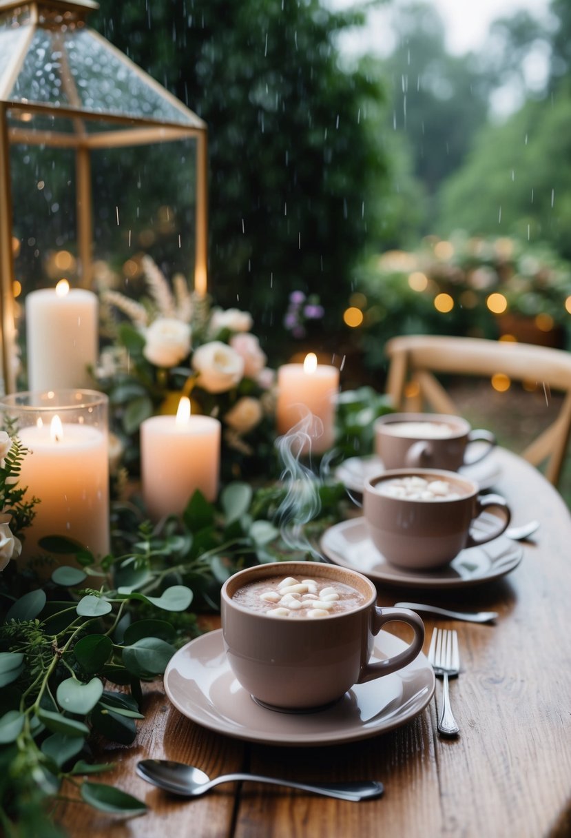 A cozy table with steaming mugs of hot cocoa, surrounded by rain-soaked greenery and romantic wedding decor