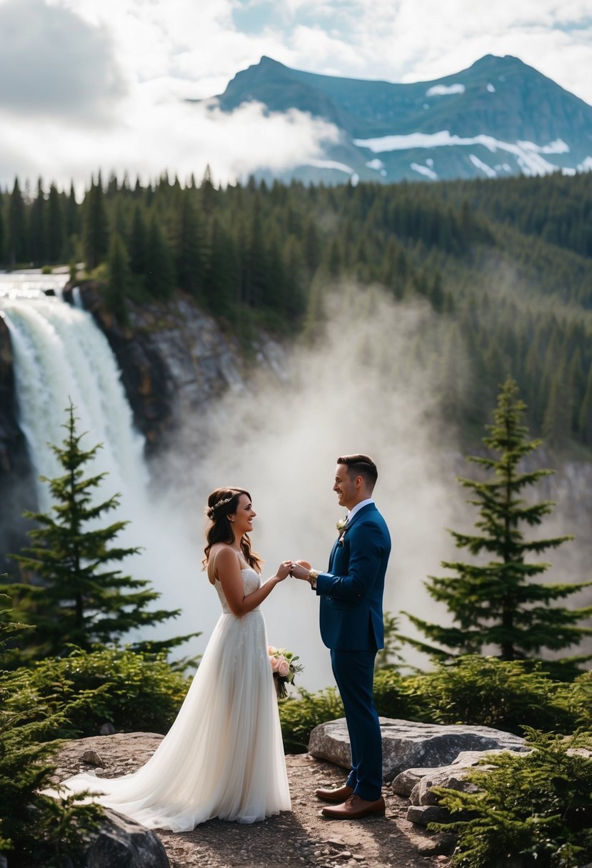 A couple exchanging vows on a mountaintop, surrounded by lush forests and a cascading waterfall. A sense of adventure and romance fills the air