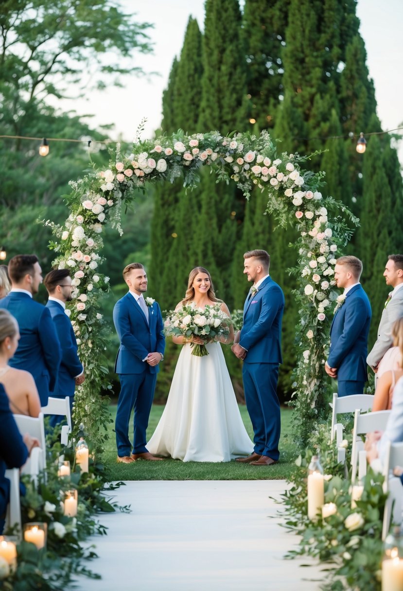 A floral-covered arch stands at the center of an outdoor wedding ceremony, surrounded by lush greenery and soft, romantic lighting