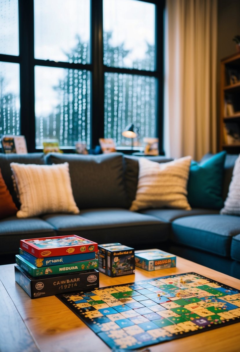 A cozy living room with board games, card decks, and a puzzle set up on a coffee table. Outside, raindrops patter against the windows