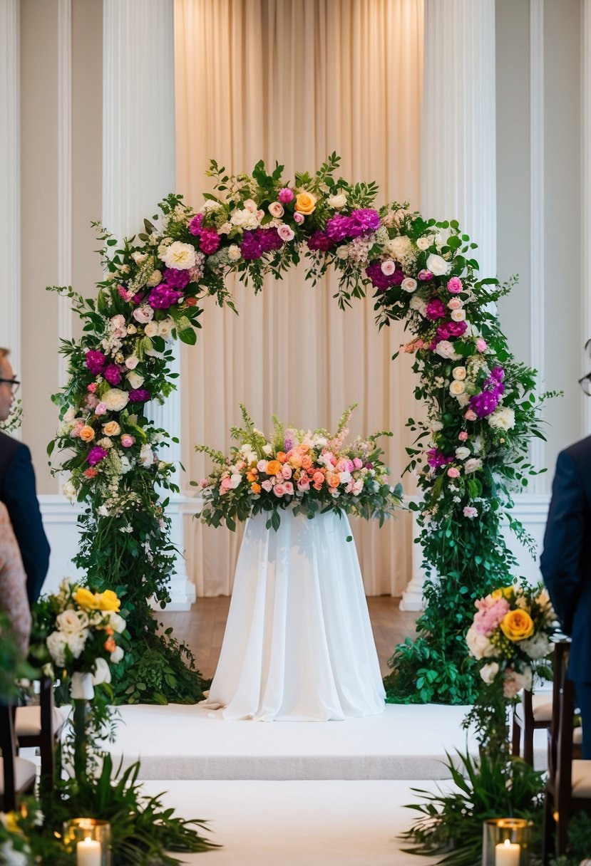 A beautiful floral wreath arch frames a wedding altar, adorned with vibrant blooms and lush greenery