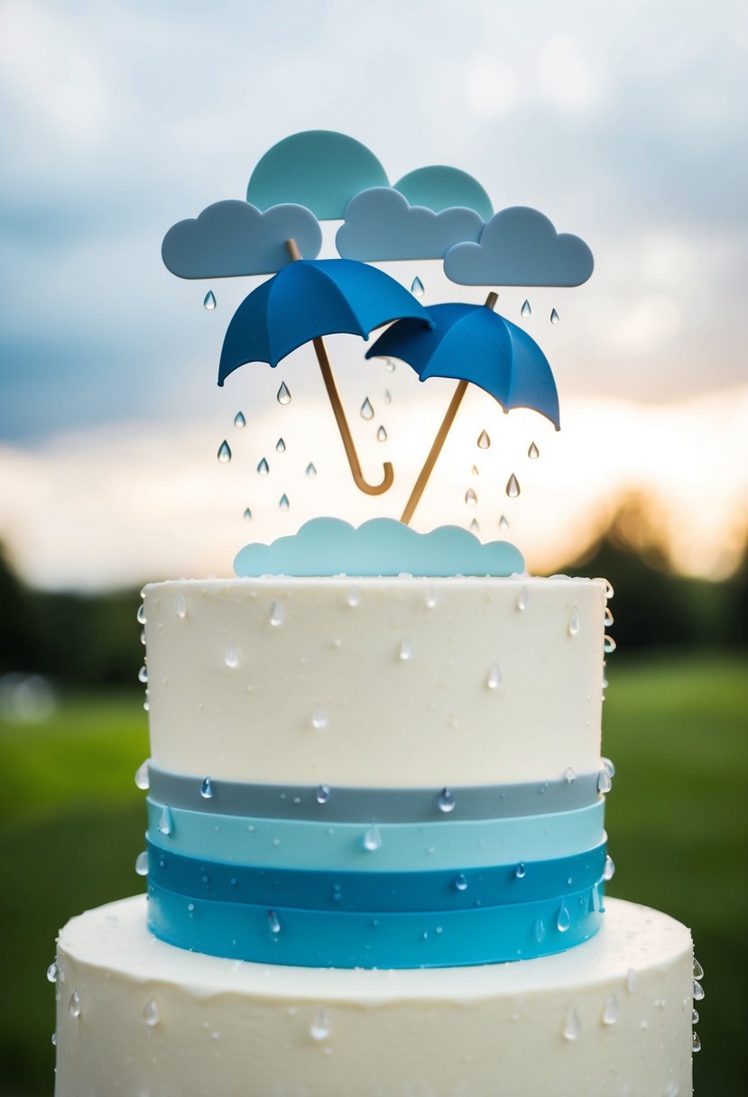 A white wedding cake with a rain-themed topper: a couple of umbrellas, raindrops, and clouds, with a subtle blue and gray color scheme