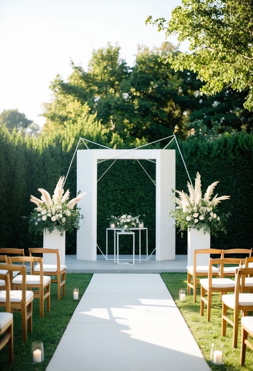 A geometric wedding altar stands in a sunlit garden, adorned with modern, minimalist decor and surrounded by lush greenery