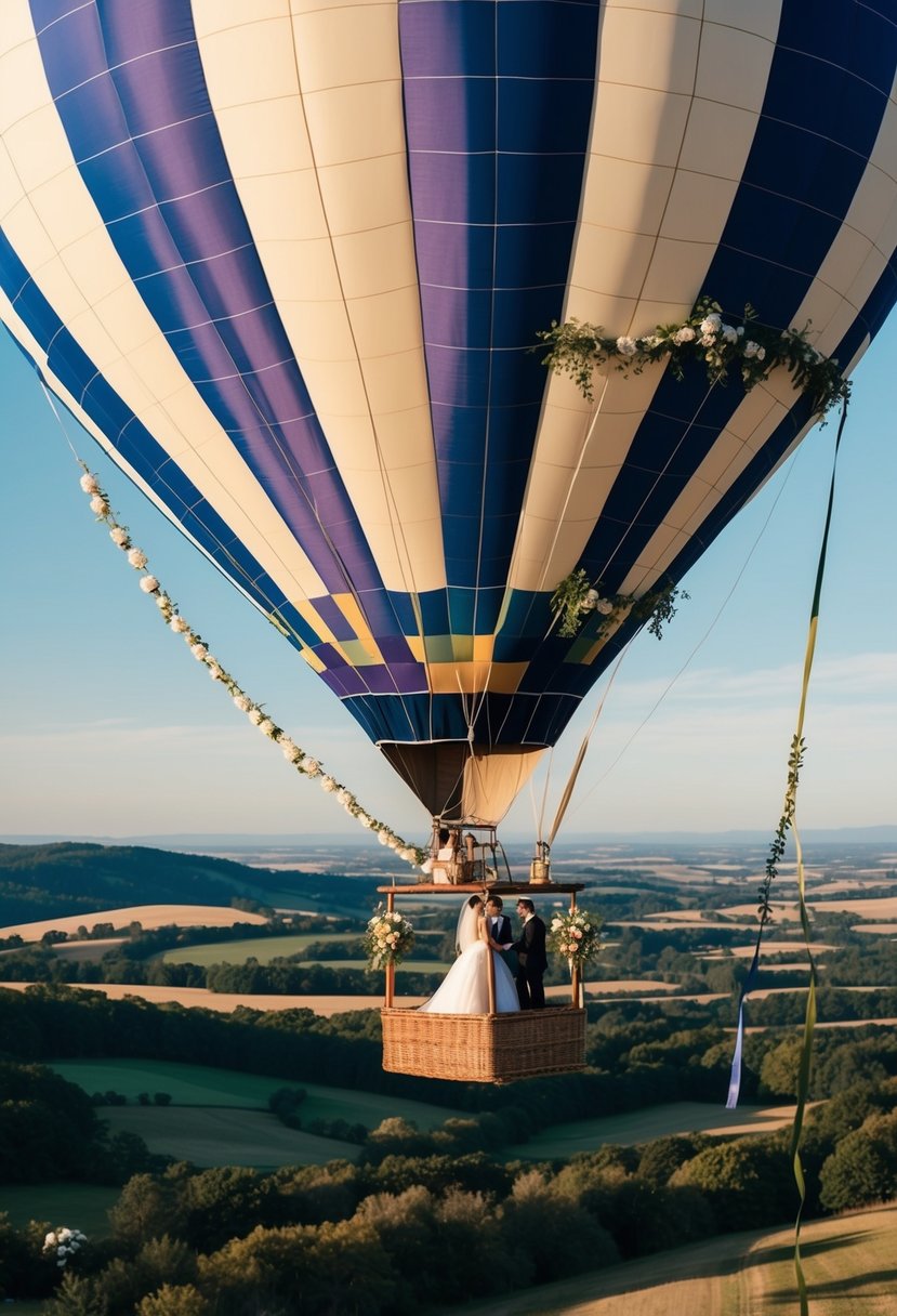 A hot air balloon floats above a picturesque landscape, adorned with flowers and ribbons, as a wedding ceremony takes place on board