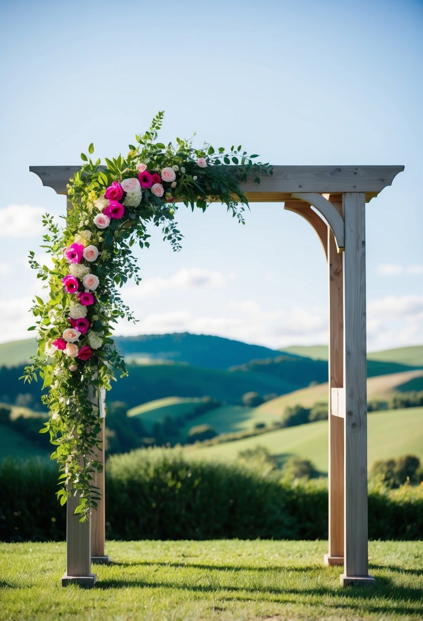 A wooden arch adorned with lush greenery and vibrant flowers, set against a backdrop of rolling hills and clear blue skies