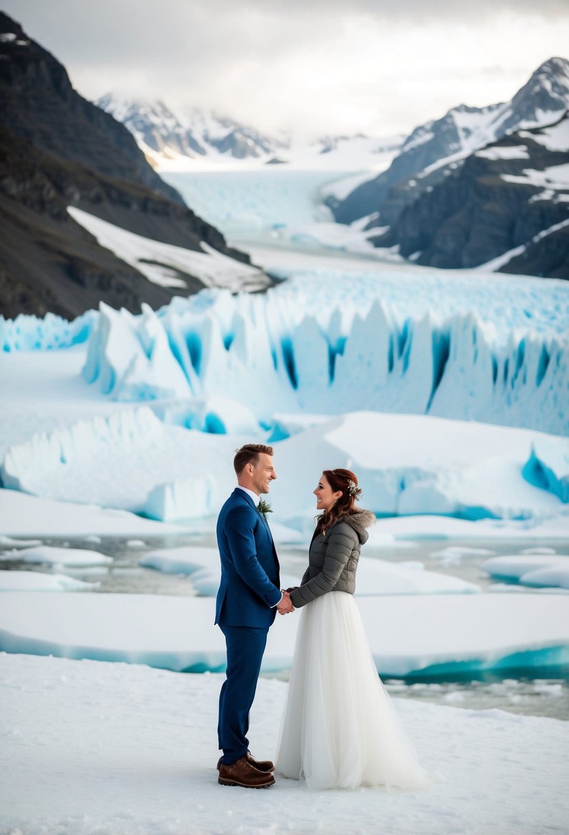 A couple stands on a glacier, surrounded by icy peaks and a vast, frozen landscape, as they exchange vows in a unique adventure wedding