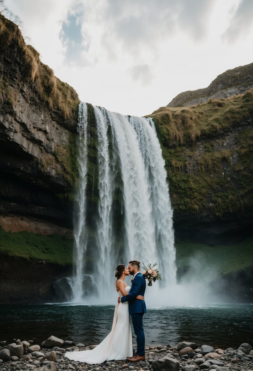 A couple stands beneath a cascading waterfall, tying the knot in a natural, adventurous wedding ceremony