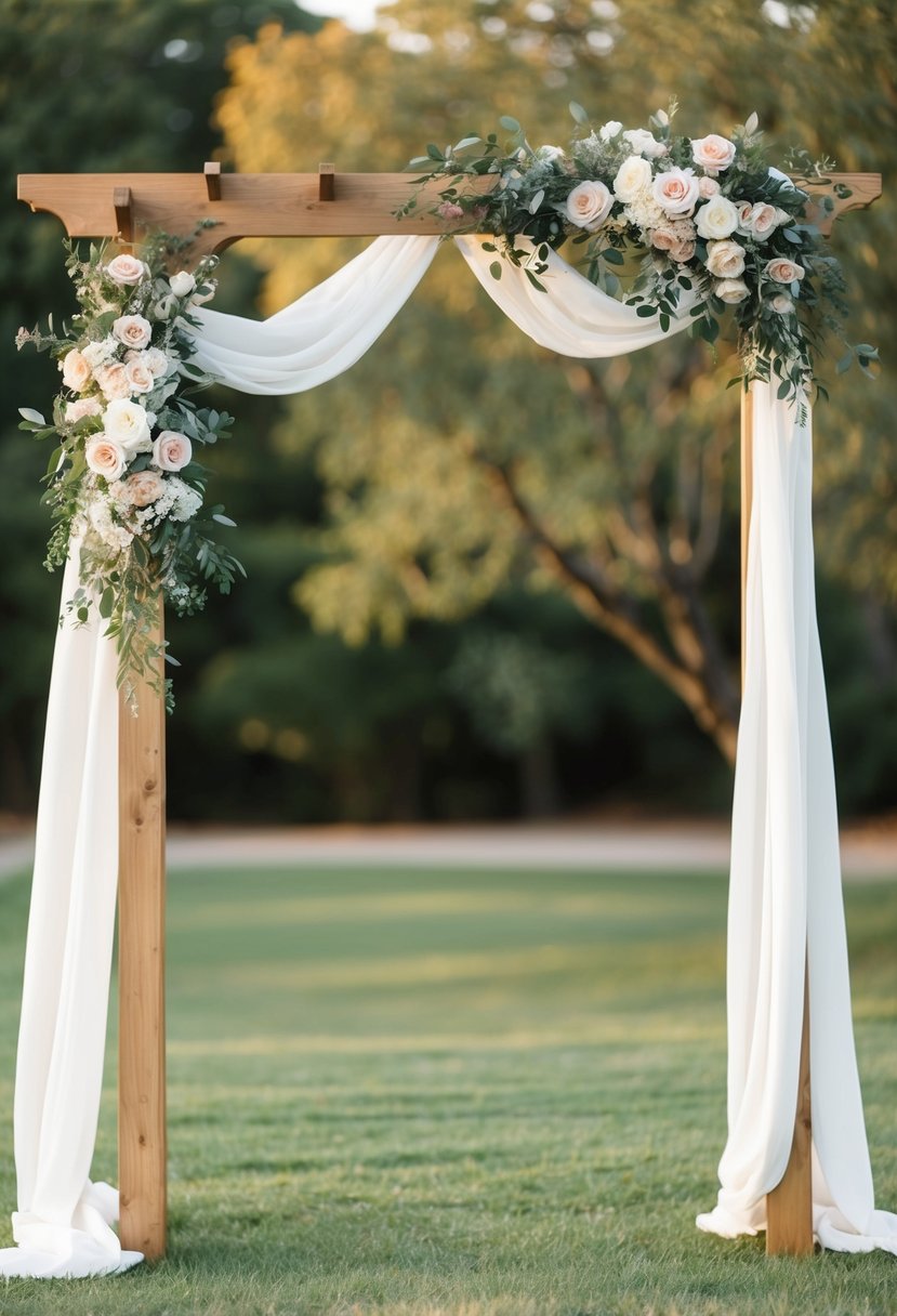 A wooden arbor adorned with flowers and draped fabric, set in a rustic outdoor setting