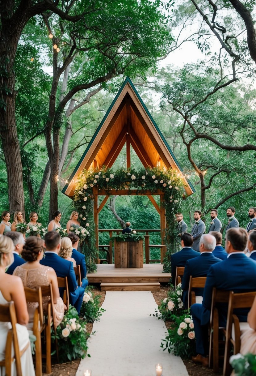 A treehouse wedding ceremony with lush greenery, twinkling lights, and a rustic altar nestled among the branches