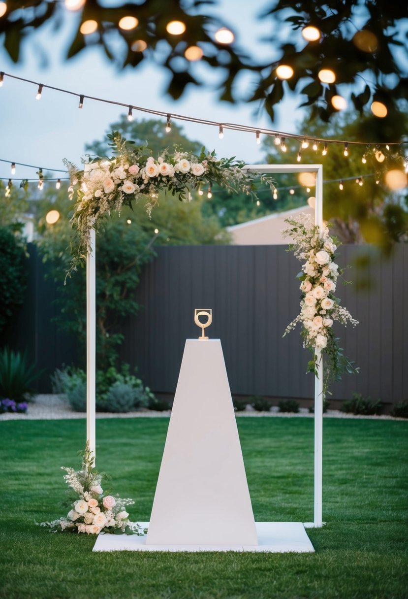 A sleek, minimalist chuppah stands in a garden, adorned with geometric shapes and delicate florals, under a canopy of fairy lights