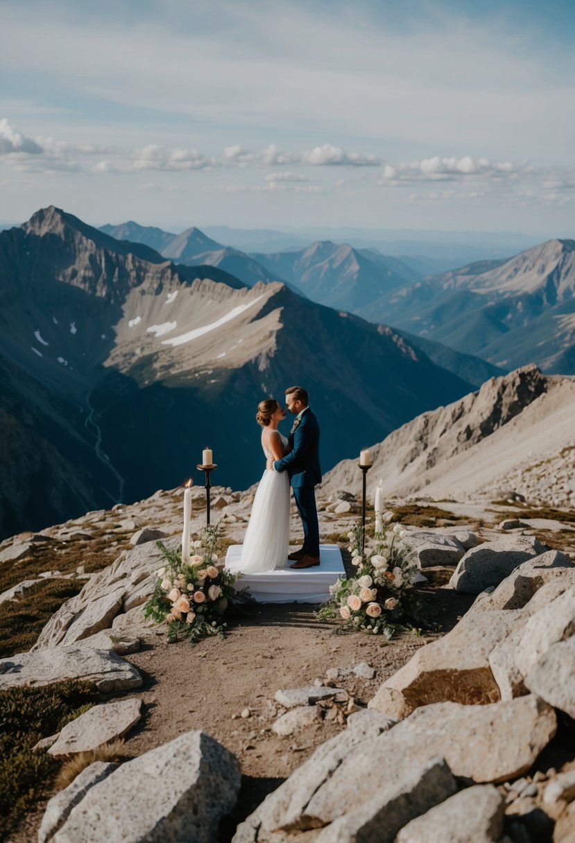 A couple stands on a mountain peak, surrounded by sweeping views and rugged terrain. A small altar is adorned with flowers and candles, creating a serene and picturesque setting for a wedding ceremony