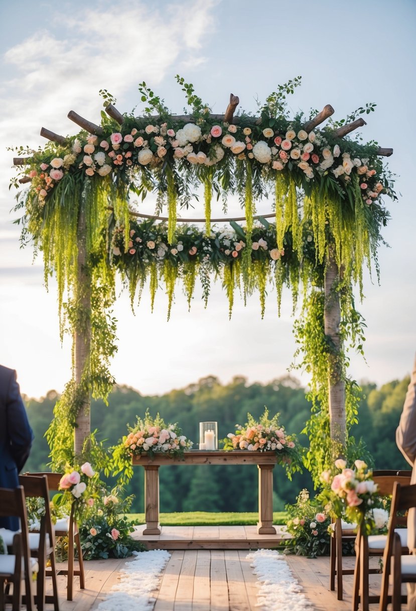 A lush canopy of vibrant hanging flowers drapes over a rustic wooden wedding altar, creating a romantic and enchanting atmosphere