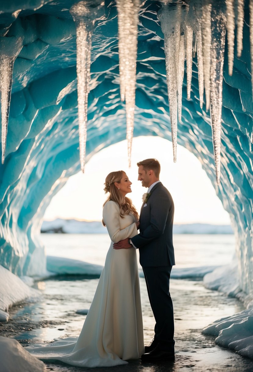 A couple exchanging vows inside a glowing ice cave, surrounded by shimmering icicles and a frozen waterfall