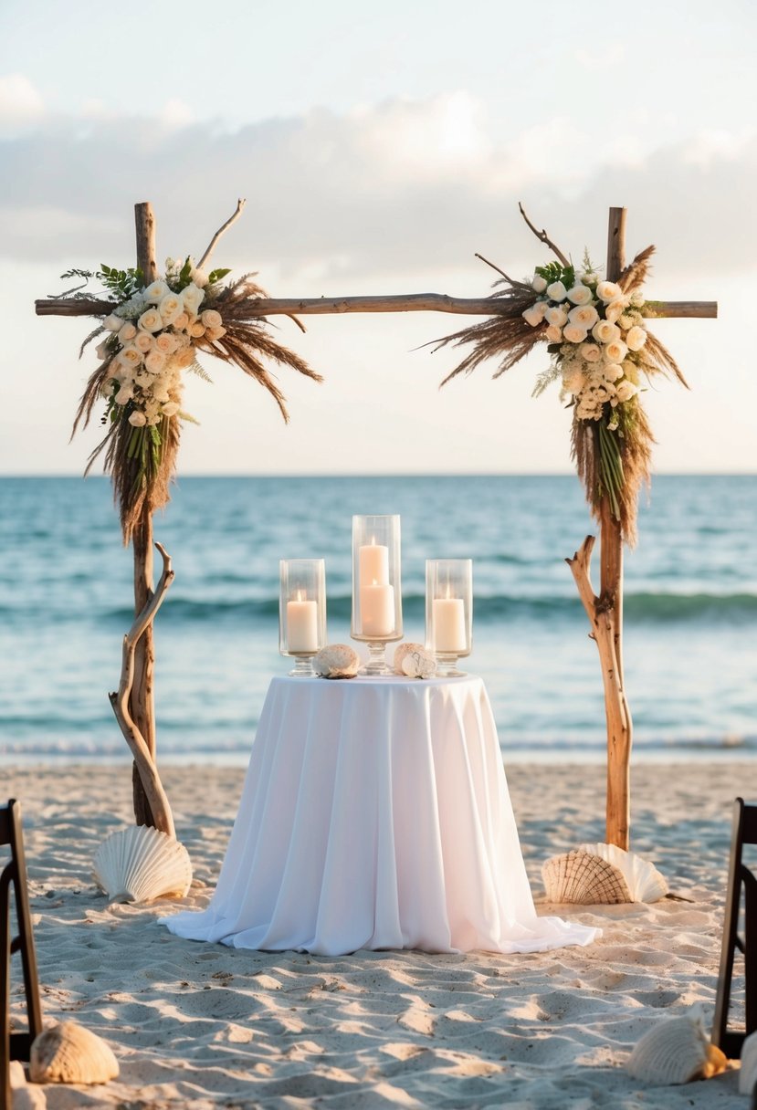 A beach wedding altar with a candle display, set against the backdrop of the ocean with soft sand, shells, and driftwood accents