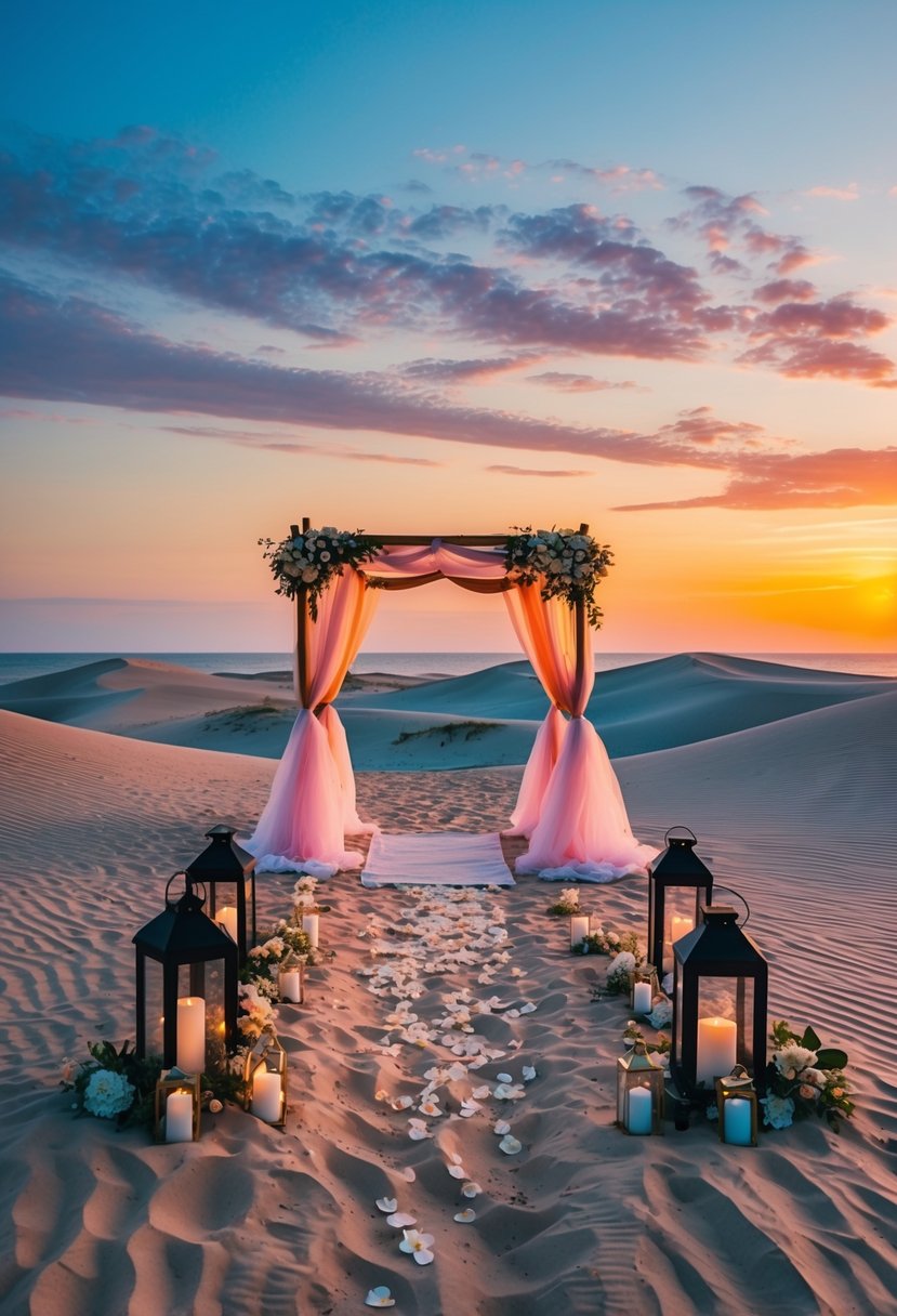 A colorful sunset over a sandy dune with a romantic wedding setup, including a canopy, lanterns, and scattered flower petals