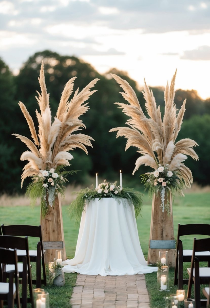 A rustic wedding altar adorned with tall pampas grass arrangements and soft lighting