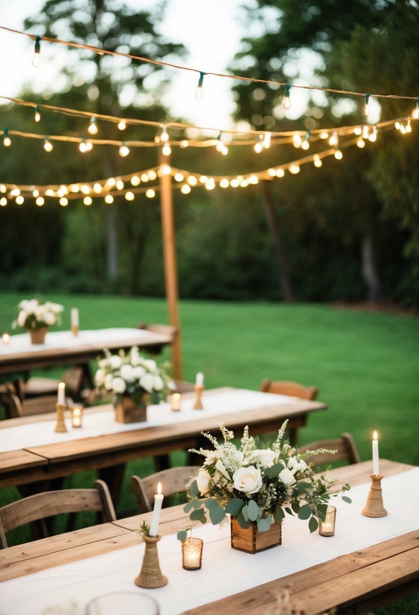 A rustic outdoor wedding with simple decorations, string lights, and handmade centerpieces on wooden tables