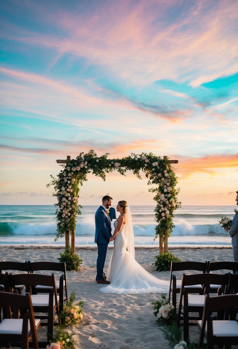 A beautiful wedding ceremony on a secluded beach, with the ocean waves crashing in the background and a colorful sunset painting the sky