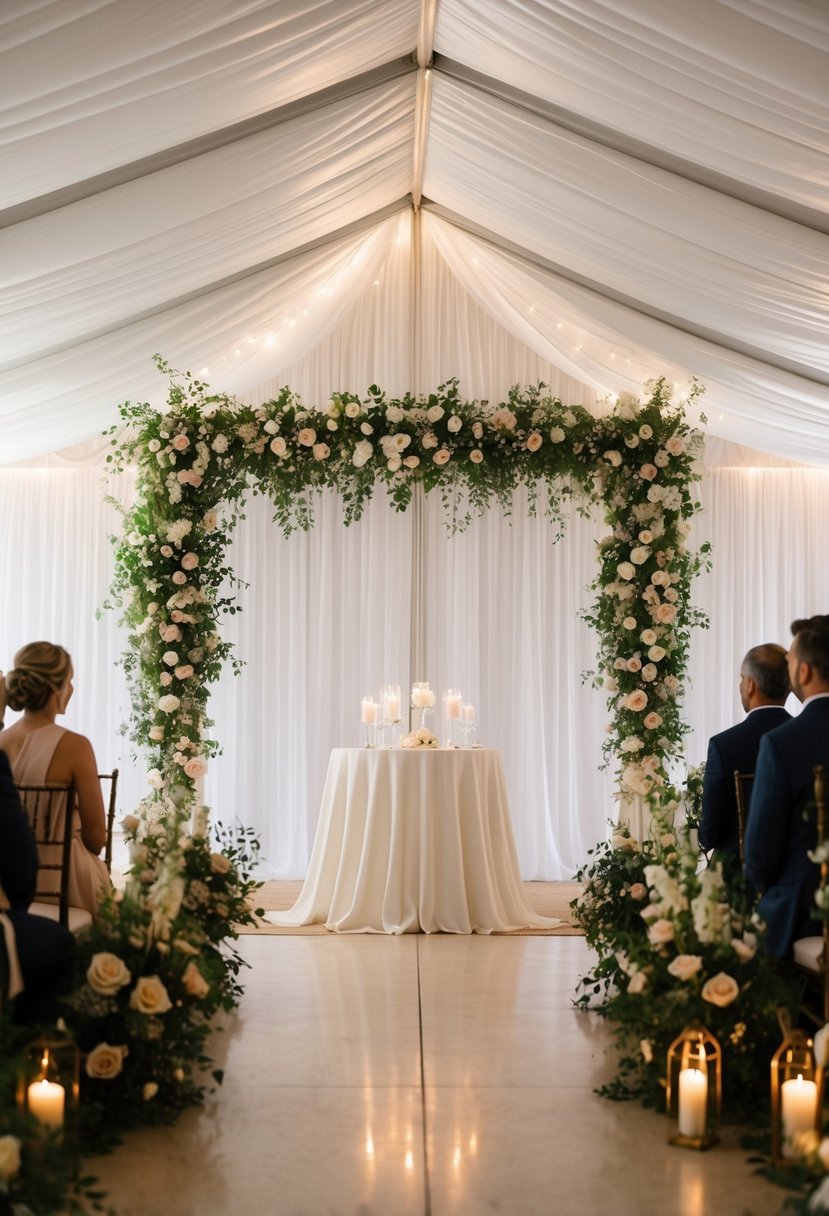 A white curtained tent with floral arrangements and soft lighting, creating a romantic wedding altar