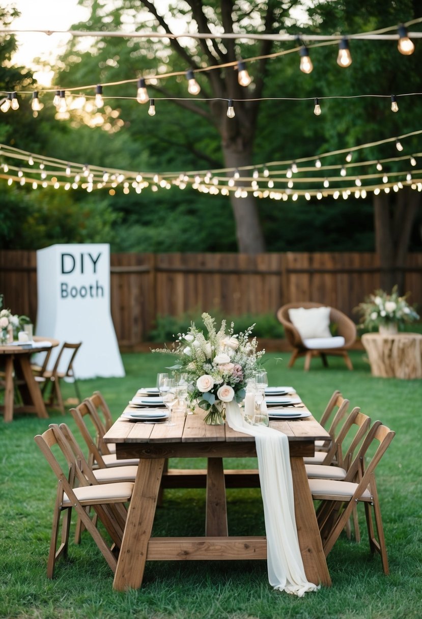 A backyard wedding with string lights, rustic wooden tables, and wildflower centerpieces. A DIY photo booth and cozy seating areas create a warm and intimate atmosphere