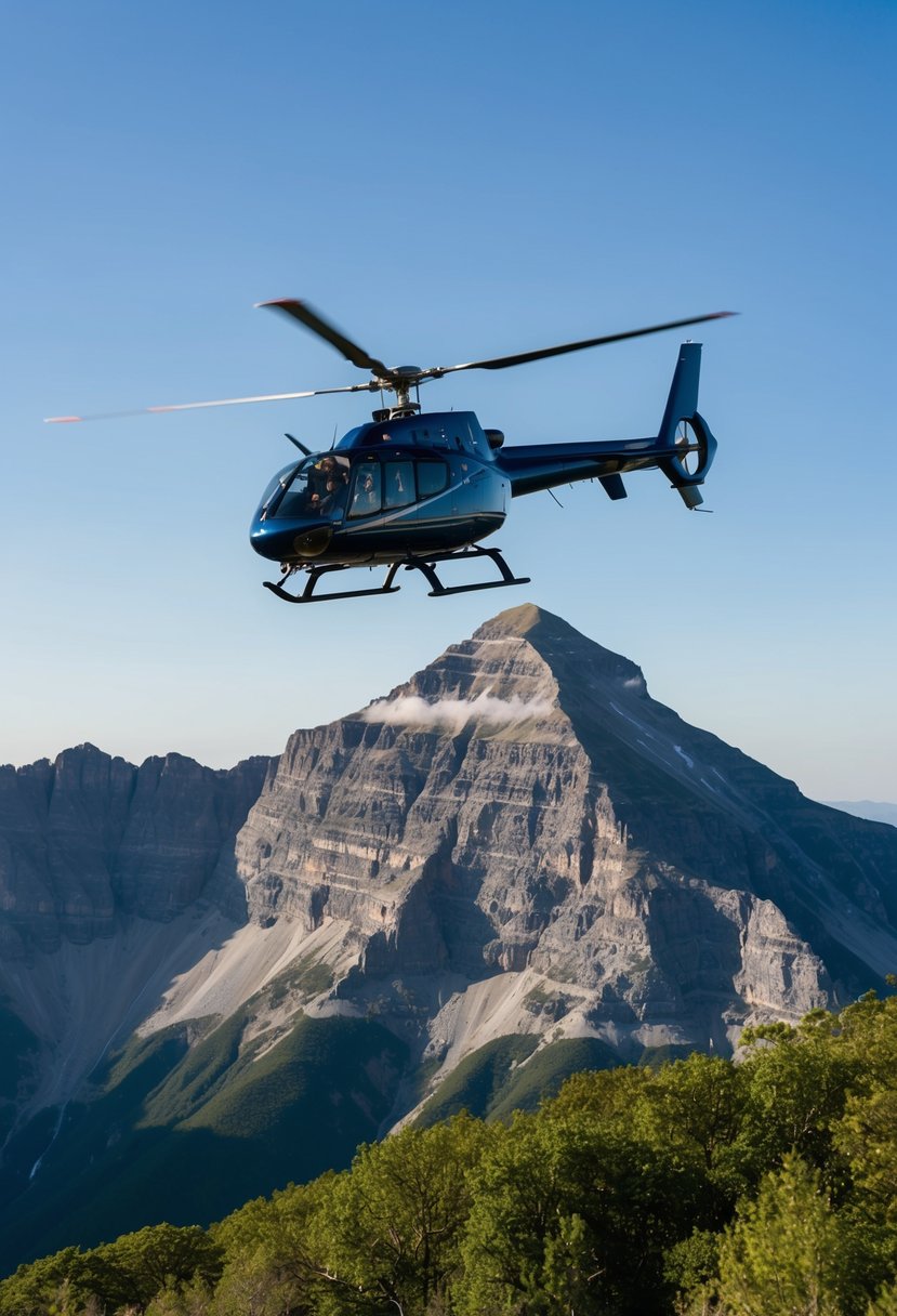 A helicopter hovers over a rugged mountain peak, with a clear blue sky and lush greenery below