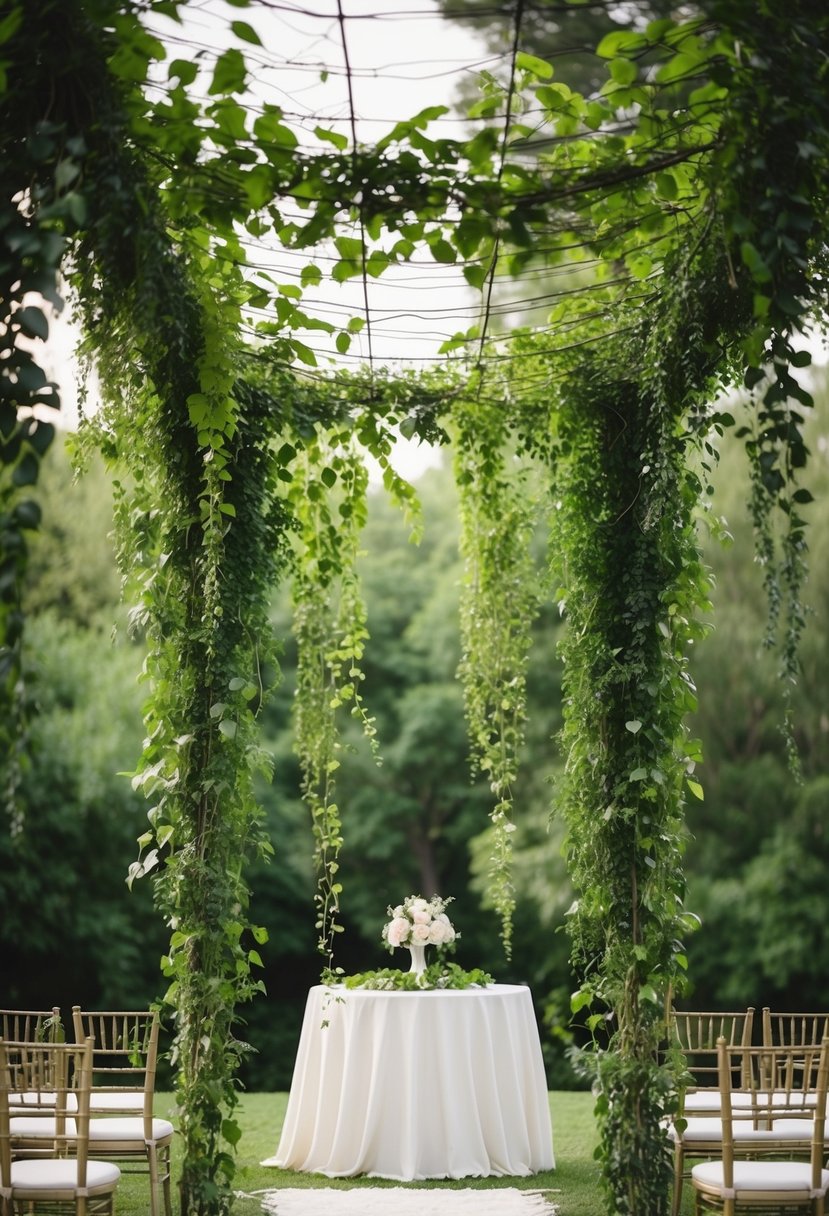 A lush green canopy of suspended foliage creates a natural wedding altar, with vines and leaves cascading down in a romantic, outdoor setting