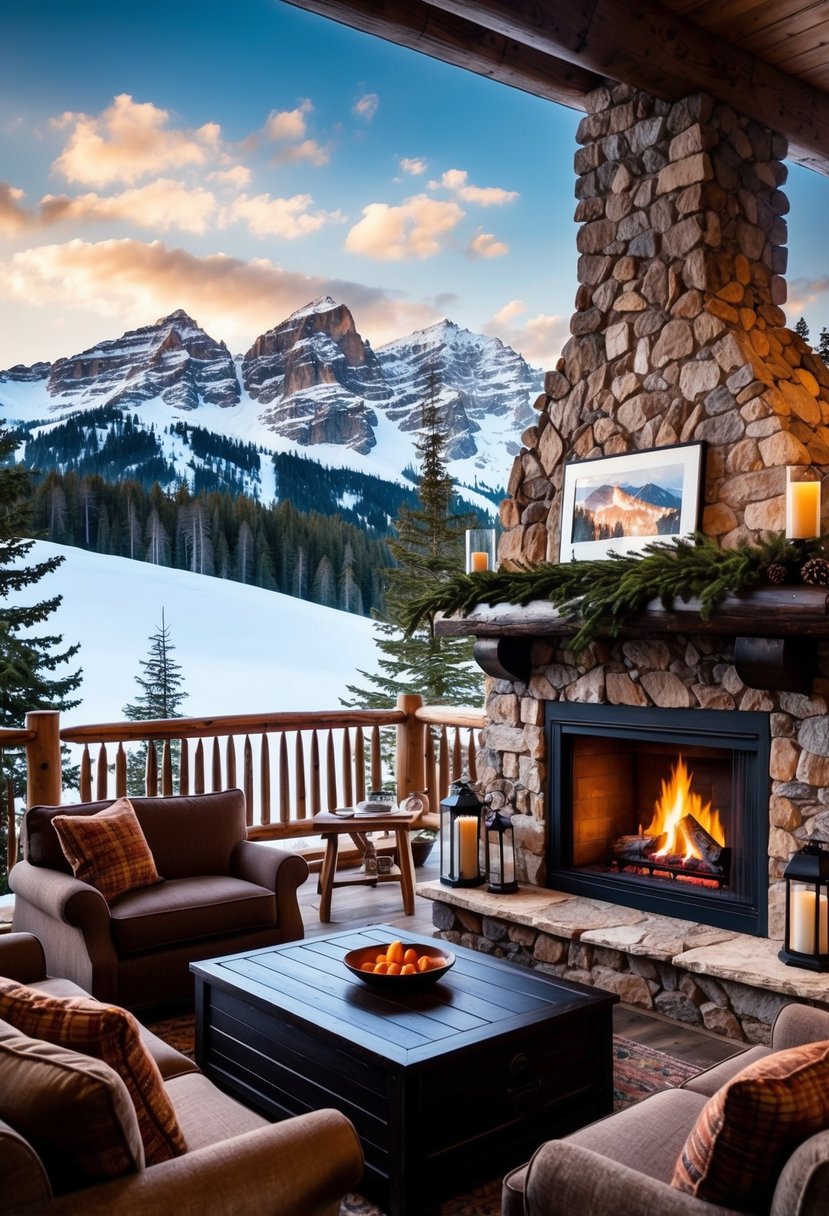 A rustic mountain lodge with a roaring fireplace, cozy seating, and views of snow-capped peaks